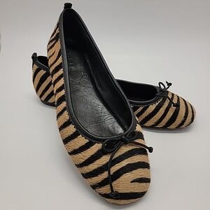 BODEN Calf Hair Womens Sz 37 US 6M Ballet Flats With Bow Tan Black Tiger Stripes